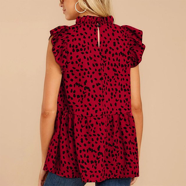 Chemise Femme à Volants Sans Manches Blouse Imprimée Poupée Femme Haut à Col Sans Manches, Rouge Vin, TTG