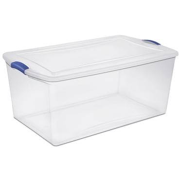 Sterilite 99 Liter Latch Box, Clear Plastic Storage Bin with Lid, Blue Latch
