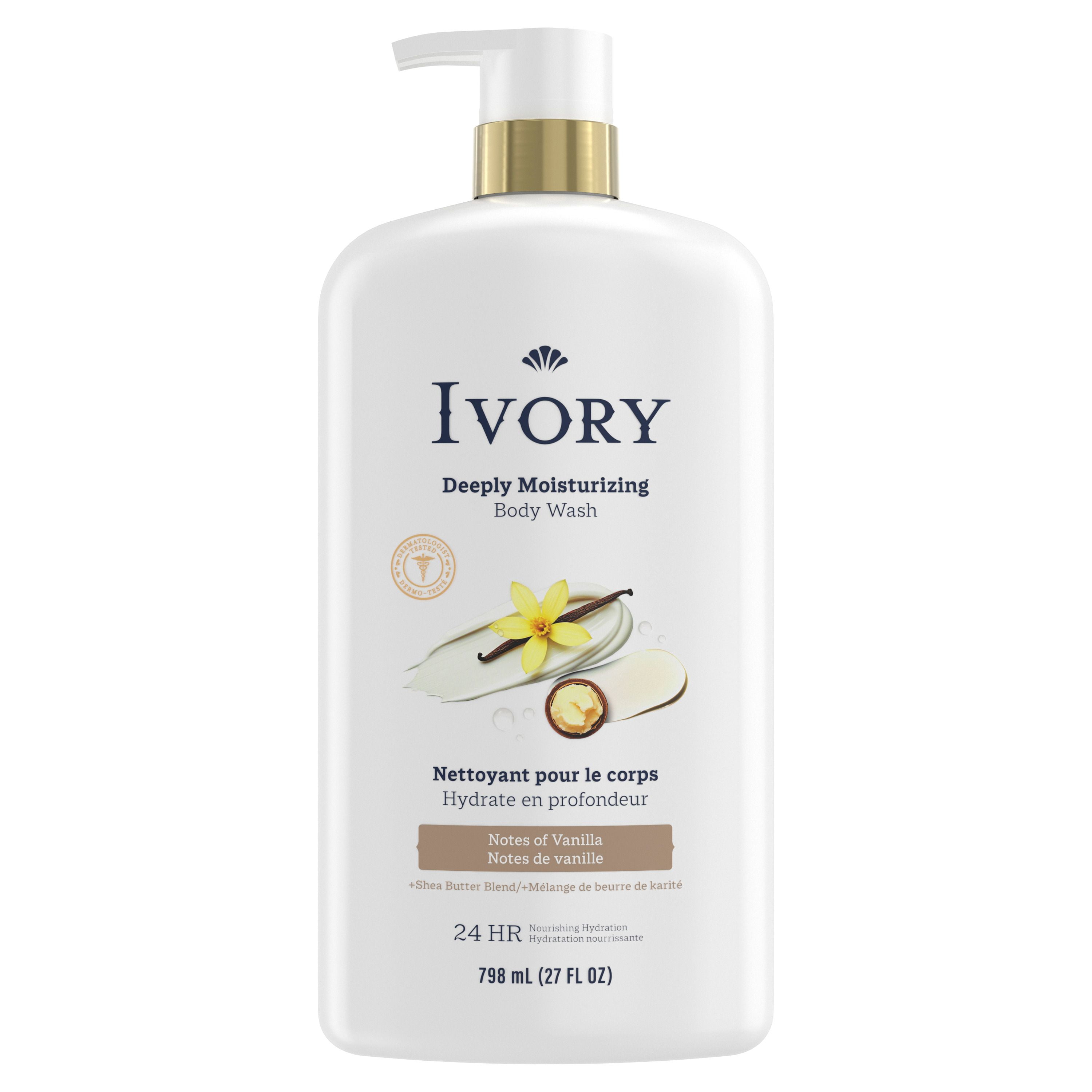 Nettoyant pour le corps Ivory Hydrate en profondeur, hydratation nourrissante pendant 24 h, apaise la peau sèche qui démange, fait d’un mélange de beurre de karité, parfum Notes de vanille, 798 mL