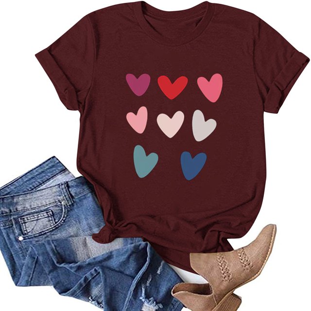 TIMIFIS T-Shirts à Manches Courtes de la Saint-Valentin pour Femmes Mode Décontractée Col Rond T-Shirt Imprimé Cœur d'Amour T-Shirt d'Été Ample Col Rond T-Shirts