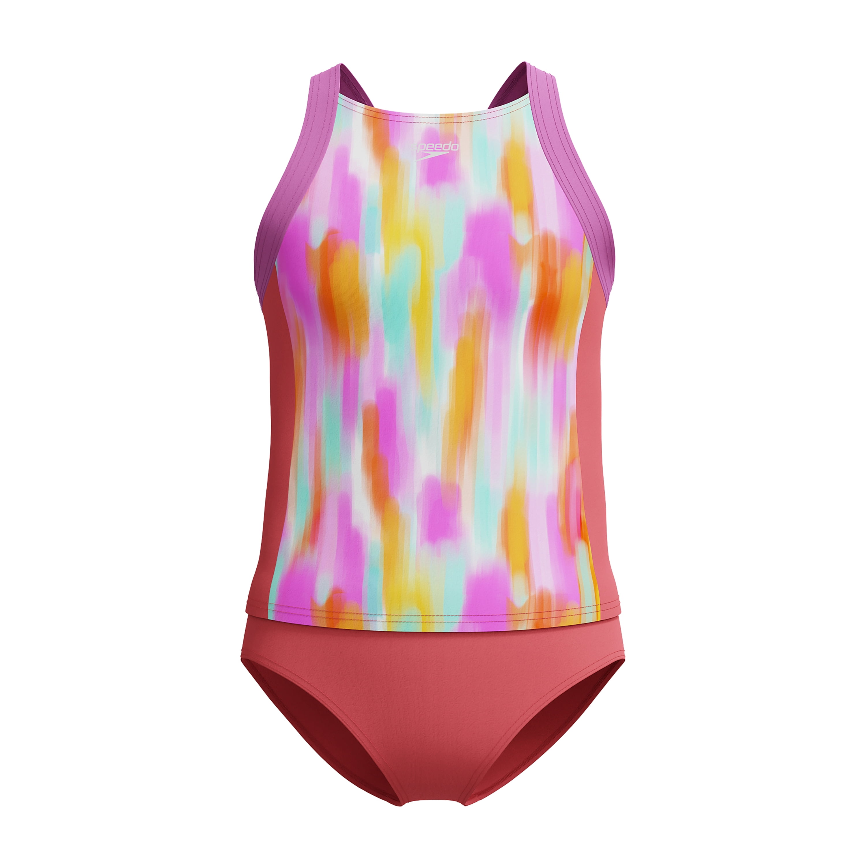 Speedo Girl's UV Protection Printed Colour Block Thick Strap Two Piece Tankini Set Swimsuit - Coral Sands, Size 10