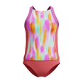 thumbnail image 1 of Speedo Girl's UV Protection Printed Colour Block Thick Strap Two Piece Tankini Set Swimsuit - Coral Sands, Size 10, 1 of 4