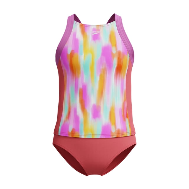 Speedo Girl's UV Protection Printed Colour Block Thick Strap Two Piece Tankini Set Swimsuit - Coral Sands, Size 10