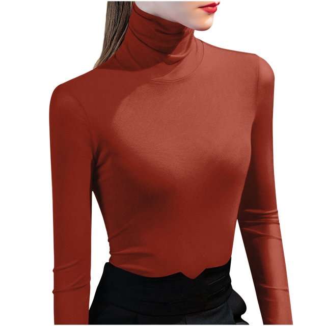 Besolor Womens Turtleneck Long Sleeve Tops Slim Fitted Basic Shirts Plus Size Solid Color Going out Tees Tights
