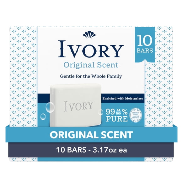 Ivory Savon en Pain Doux, Conçu pour Toute la Famille, Formule 99.44 % Pure, Nettoyants d'Origine Végétale, Sans Parfums Lourds, Parabènes Ni Phtalates, Parfum Original, 3.17 oz (10 Pains)