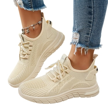 HTHLVMD Comfortable Indoor/Outdoor Trainers, Womens Slip On Running Sneakers Tennis Non Slip Walking Gym Workout Athletic Comfortable Lightweight Fashion Sport Casual Shoes, Beige 5.5