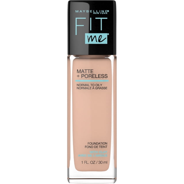 Maybelline New York Fit Me Fond de Teint Mat + Sans pores en Beige Pur, Bouteille de Fond de Teint Liquide 30 ml avec Bouchon Noir, Conçu pour une Peau Normale à Grasse afin de Matifier, Estomper les pores et Contrôler la Brillance avec de l'Argile pour une Finition Mate Naturelle.