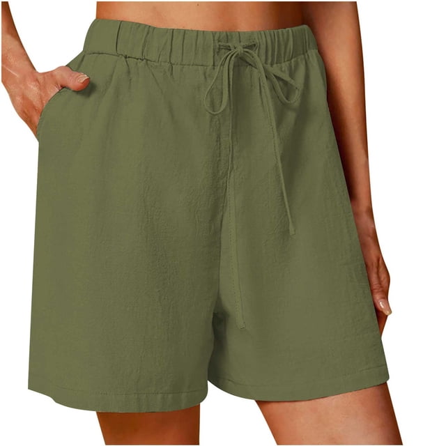 VEKDONE Women's Cotton Linen Shorts Summer Loose Fit Plus Size Lounge Pants Elastic High Waisted Drawstring Pant with Pockets Solid Color Comfy Beach Pant