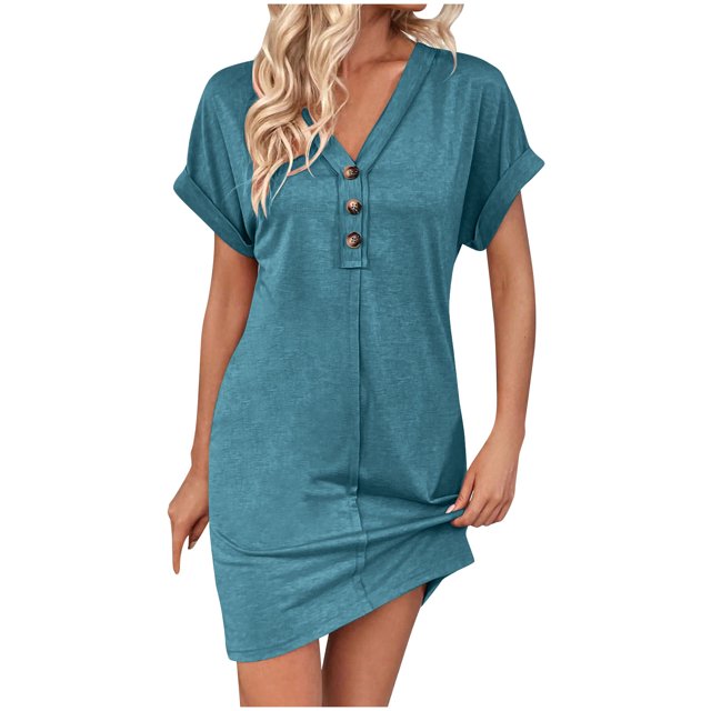 Robe Femme Été Décontractée Manches Retroussables Robe T-Shirt Couleur Unie Mini-Robe à Col en V
