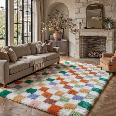 BERTHMEER Tapis 244 X 305 cm à Poils Longs, Idéal pour le Salon Ou la Chambre. Tapis Moelleux et Doux à Carreaux, Style Contemporain et Géométrique Moderne, Disponible en Vert Multicolore.