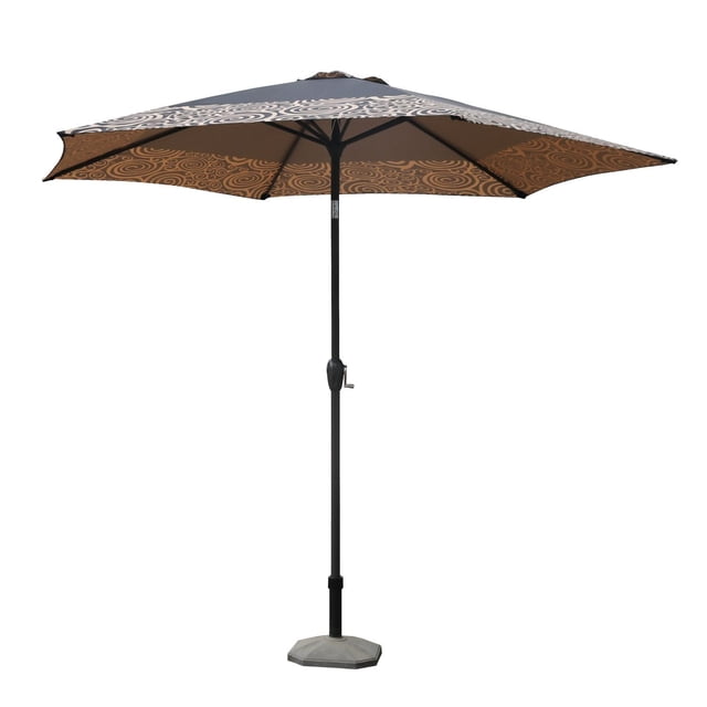 Dura Coral 9ft Umbrella Black with a brown and beige swirling pattern canopy, black steel pole with crank and tilt mechanism, and grey octagonal base, suitable for durable outdoor patio shade.