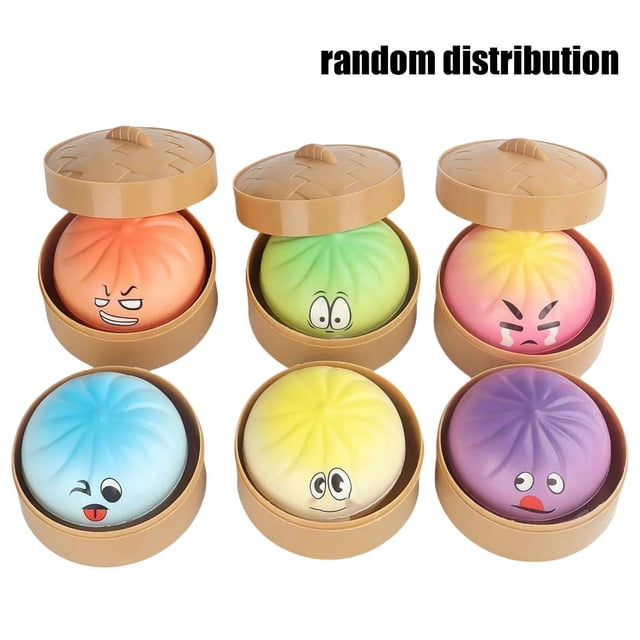 Dumpling Squishies Mystery Box, Colorful Glitter Steamed Bun Stress Ball, Soft Sensory Fidget Toy with Steamer for Kids & Adults, Stocking Stuffer(Random)