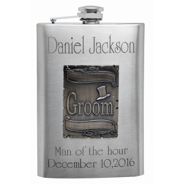 Hip Flask Holding 8 oz - Groom Emblem Design - Metallic Grey Finish, Stainless Steel, Screw-On Cap, Expertly Welded, Leakproof, Rustproof - Front Engravable for Personalized Gift
