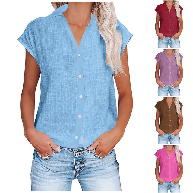QIPOPIQ Womens Casual Short Sleeve Button Down Shirts V Neck Collared Shirt Tops Blouses with Pockets Clearance