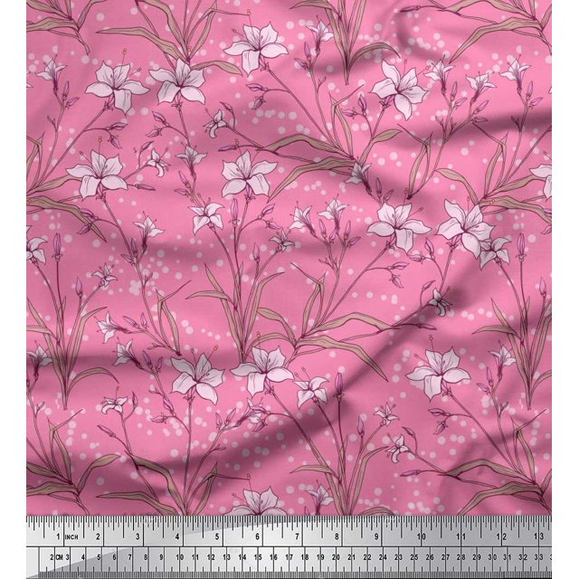 Soimoi polyester Crepe Fabric Leaves & Azalea Floral Print Fabric by the Yard 42 Inch Wide