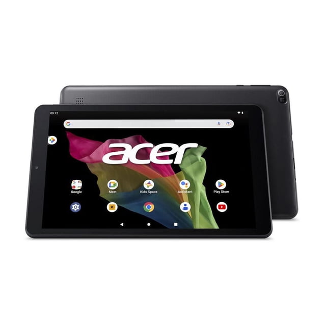 Acer Iconia Tab A10 Tablette Cortex A73 - A10-11-K8YK-CA avec Écran Tactile IPS HD de 10,1”, Résolution 800 x 1280, et Android 12. la Vue Orientée vers l'Avant Met en Valeur des Applications Préinstallées comme Google Kids Space et Family Link, Tandis Que la Vue Orientée vers l'Arrière Met en Valeur Son design Noir Mince. Parfait pour les Enfants, les Familles et les Appels Vidéo avec Deux Caméras 5 MP.
