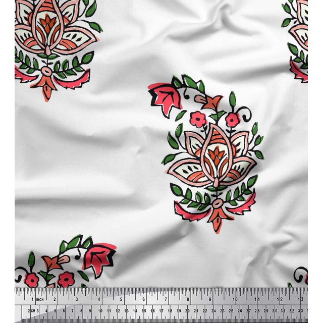 Soimoi Modal Satin Fabric Leaves & Floral Block Print Sewing Fabric Yard 42 Inch Wide