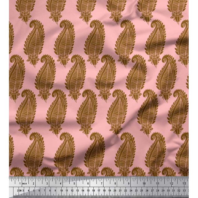 Soimoi Pink Poly Georgette Fabric Brown Paisley Printed Fabric 1 Yard 42 Inch Wide