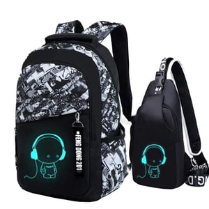 Asge Sac à dos pour garçons Imprimer Sac à Dos Adolescents Nylon Grand sac scolaire Outdoor Reflective Daypack