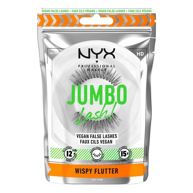 NYX PROFESSIONAL MAKEUP, Jumbo Lash!, Vegan False Lashes, Reusable - EGO-FLARE Wispy Flutter style in a silver resealable pouch showing a pair of lightweight, stackable vegan false lashes with invisible bands, offering up to 12-hour wear and reusable up to 15 times for jumbo volume lash looks.