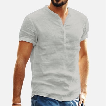 LSLJS Mens T-shirt Men's Baggy Cotton And Linen Solid Short Sleeve V-Neck T-Shirts Tops Blouse