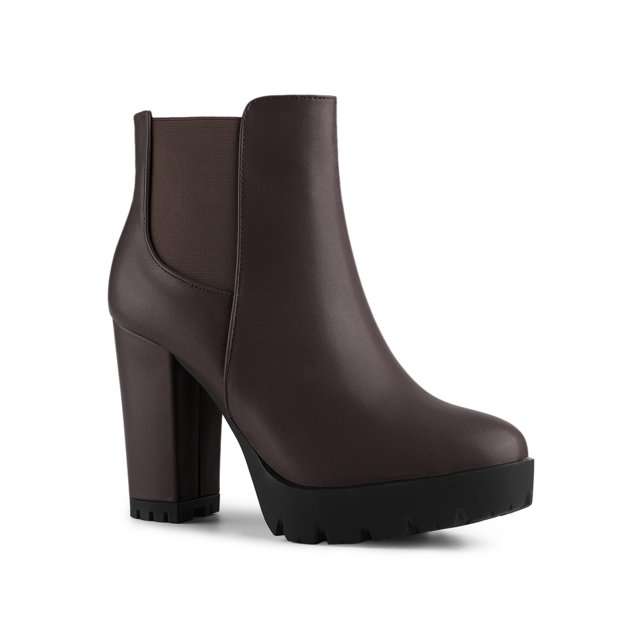 Allegra K Bottines à Talon Bloc Plateforme Bout Rond Fermeture à Glissière Café 9.5