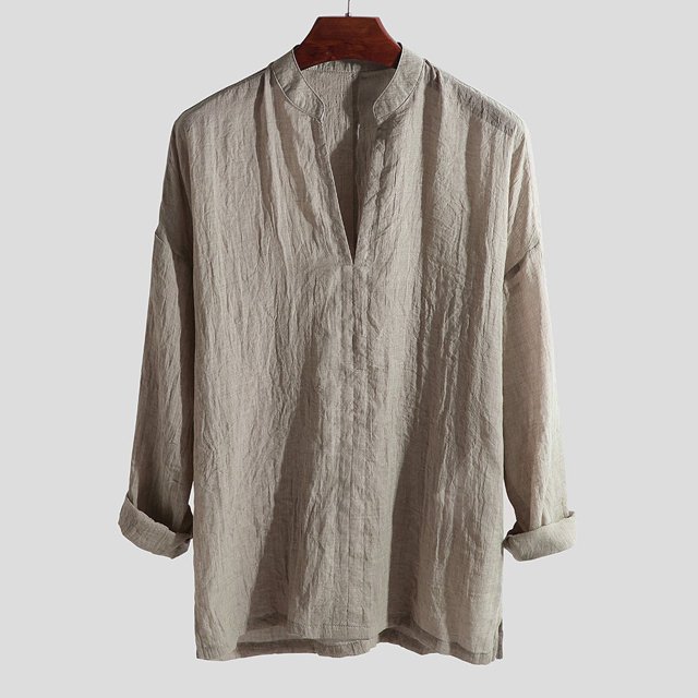 Ruibeauty Men's Chinese Style Solid Color Loose V-neck Long Sleeve Pullover Tops