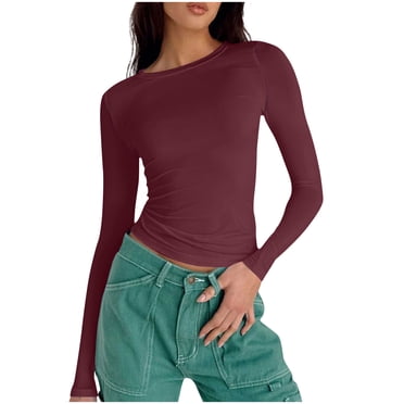 Timegard Hauts de Sortie pour Femmes Col Ras du Cou Manches Longues Ajusté Blouse Unie Décontractée Confortable T-Shirt Hauts