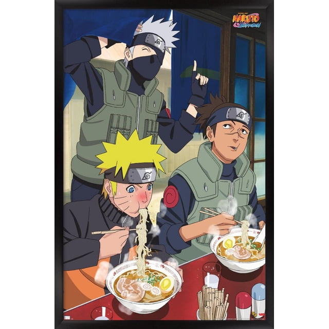 Naruto Shippuden - Food Wall Poster, 22.375" x 34" framed depicting three Naruto Shippuden characters in a traditional ramen shop, two seated eating steaming bowls of ramen with chopsticks and one standing behind them making a hand gesture, all wearing ninja headbands and green tactical vests.