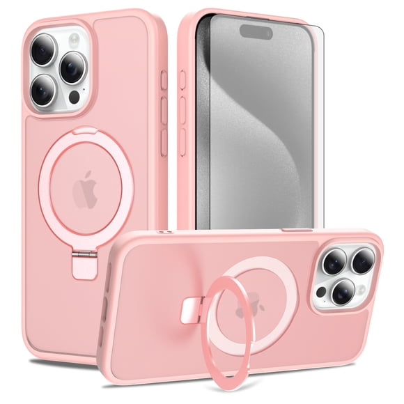 Asuwish Phone Case for iPhone 14 Pro Max 6.7 inch Tempered Glass Screen Protector Magnetic Folding Stand Frosted Translucent Rugged Shockproof Protective Cell Cover iPhone14promax 5G Women Men Pink