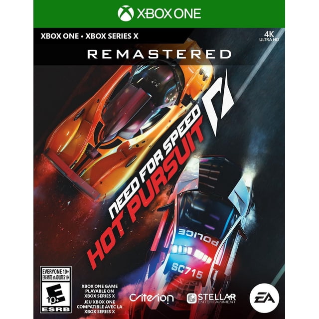 NEED FOR SPEED HOT PURSUIT REMASTERED (XBOX ONE) cover art showing a top-down angled view of an orange supercar racing a black and white police car with flashing lights on a wet road, featuring remastered 4K Ultra HD graphics and Xbox One and Xbox Series X compatibility.