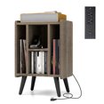 thumbnail image 1 of Gymax Support pour Tourne-Disque avec 4 Compartiments de Rangement, Pieds de Soutien, Station de Recharge, Chêne Gris, 1 of 10