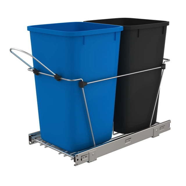 Rev-A-Shelf Double 27 Quart Sliding Pull Out Waste Containers in blue and black, featuring a chrome-plated wire frame with two 27-quart bins. Ideal for base cabinets with 11.5-inch to 15-inch openings, this pull-out system includes full-extension ball-bearing slides for smooth operation and a removable handle for optional door mounting. Suitable for trash and recycling needs.