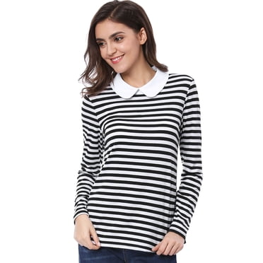 INSPIRE CHIC Women's Striped Long Sleeves Peter Pan Collar Contrast Tops