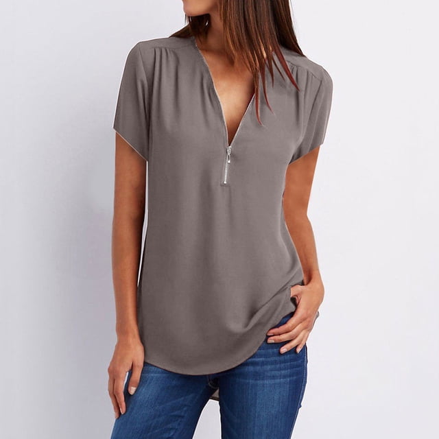 Mefallenssiah Débardeur Court Femme Été Manches Courtes Fermeture à Glissière Tunique Décontractée Col en V Blouse Roulable