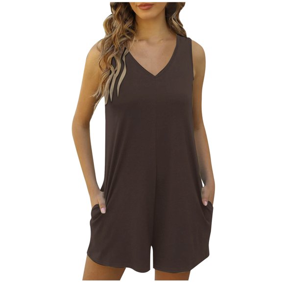 Mrat Women's Casual Rompers Stretchy Onesie Sleeveless V-Neck Overalls Shorts Solid Jumpsuits with Pockets S-45 Brown XXL