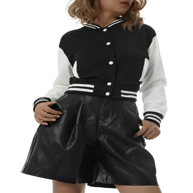 CenturyX Women Long Sleeve Cropped Baseball Jacket Color Block Button Down Front Open Fashion Bomber Jacket Coat Purple M