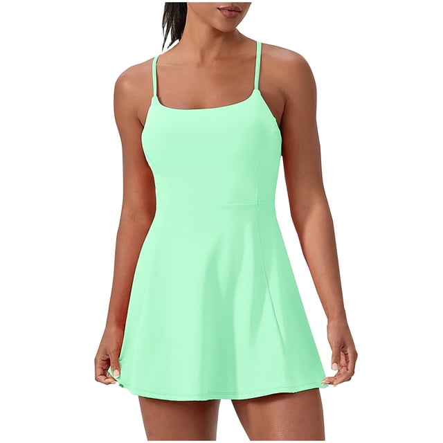 hotojiny Robes 2 en 1 pour Femmes à Bretelles Spaghetti Extensibles Robe de Tennis d'Entraînement avec Shorts Unie Fluide Évasée Mini Robes Actives