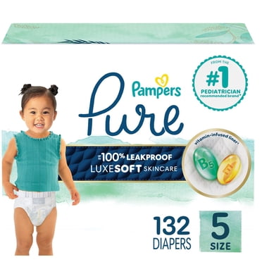 Pampers Pure Baby Diapers, Size 5 (27+ lbs), 132, Up to 100% Leakproof, Premium Hypoallergenic Soft Diapers