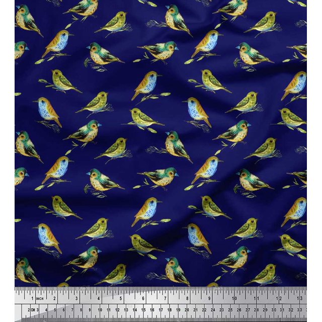 Soimoi Poly Georgette Fabric Flycathcer Bird Print Sewing Fabric Yard 42 Inch Wide