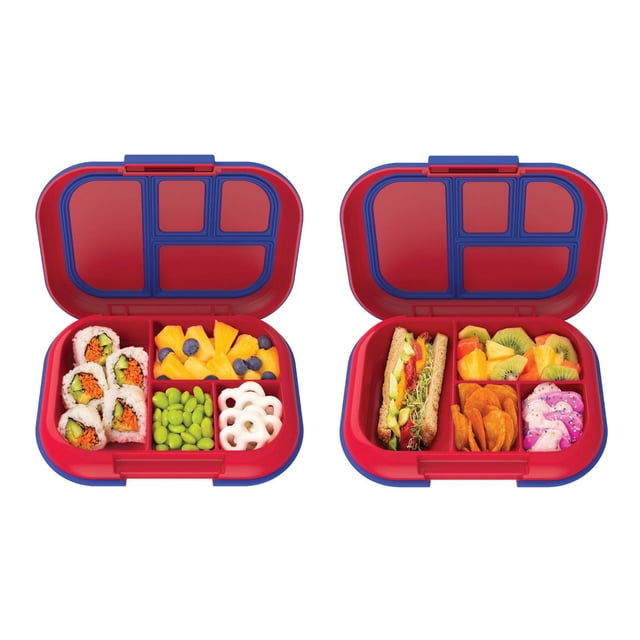 Bentgo Kids Chill (2 Pack) - Red/Royal lunch boxes open with bento-style compartments showing portioned meals; one contains sushi rolls, pineapple with blueberries, edamame, and yogurt-covered pretzels, the other holds a sandwich, kiwi and pineapple chunks, sweet potato chips, and pink frosted cookies, designed for meal prep and keeping food chilled with a leak-proof design.