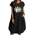 thumbnail image 1 of Women Crew Neck Short Sleeve Side Pockets Daisy Print Midi Dress, 1 of 2