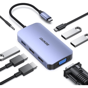 BENFEI Station d'Accueil USB-C, Concentrateur USB-C 8-en-1 avec Triple Affichage Double HDMI, VGA, 3*USB 3.0, Alimentation 100 W, Audio Auxiliaire 3,5 mm Compatible avec MacBook Pro, XPS et Plus