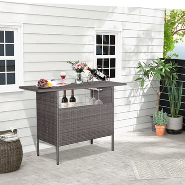 Gymax Patio Rattan Wicker Bar Height Counter Table Storage Shelf Rail Garden