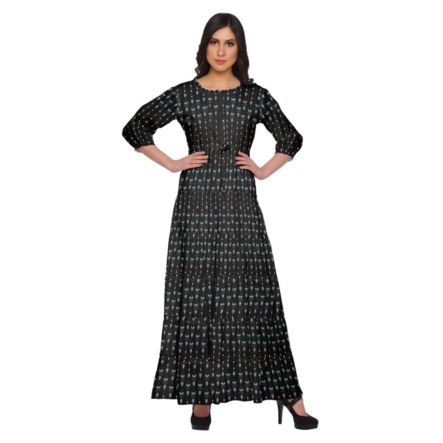 Moomaya Printed Round Neck 3/4 Sleeve Long Maxi Dress With Drawstring Waist