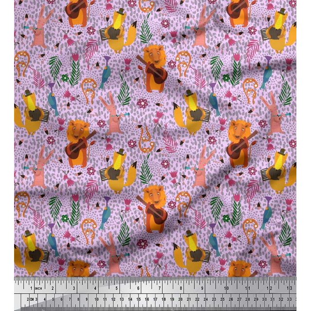 Soimoi Modal Satin Fabric Floral,Musical Instruments & Animals Cartoon Print Fabric by Yard 42 Inch Wide