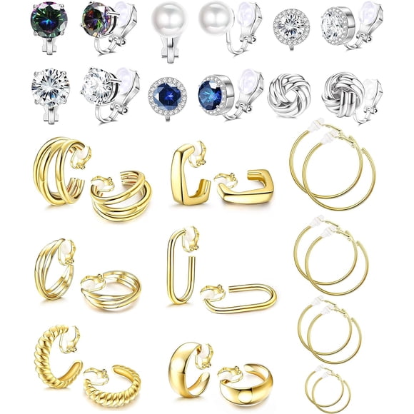 SURJDE 16 Pairs Clip On Earrings For Women 14K Gold Plated Chunky Clip On Hoop Earrings No Piercing Fake Earrings Set