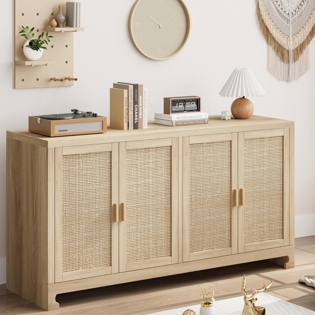 Ourlova 40 inch Modern Boho Storage Cabinet with Woven Rattan Doors Adjustable Shelf Multifunctional TV Stand Coffee Bar and Entryway Console Table for Kitchen Living Room Oak Brown