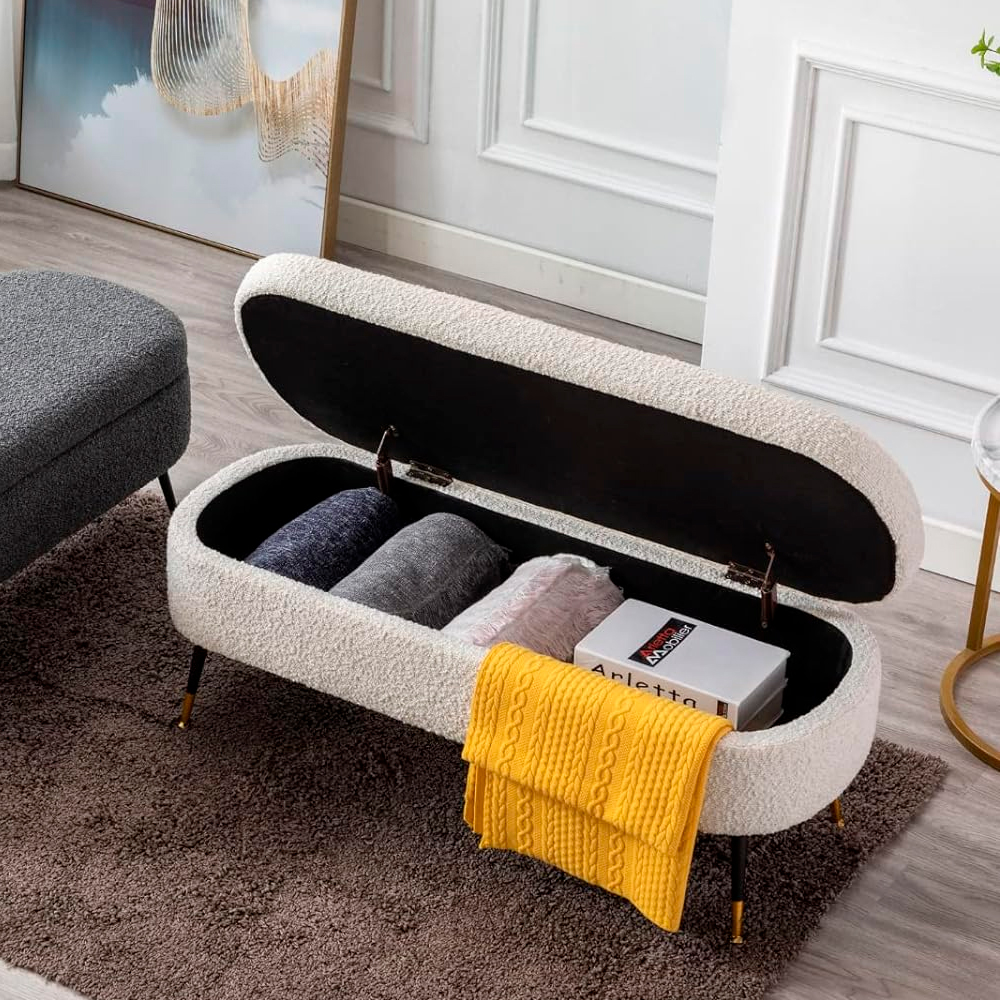 Heavenly Collection | Banc de rangement - Ottoman moderne bouclé avec rangement dissimulé et pieds en métal doré