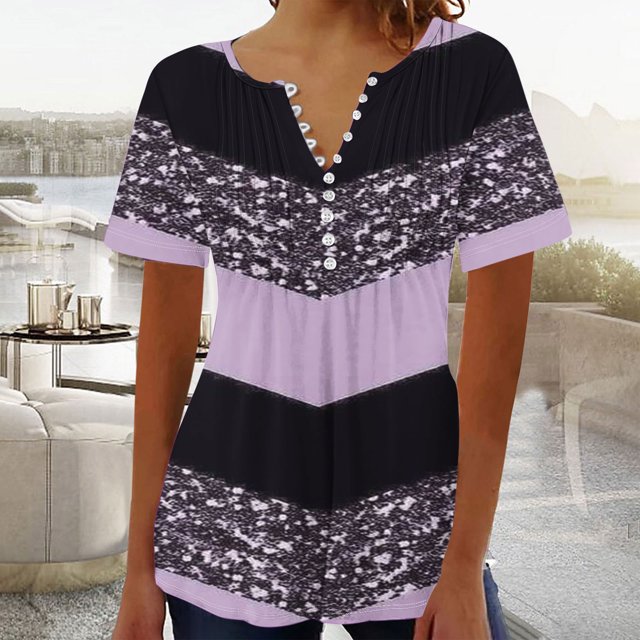 Blouses for Women Womens Printed V-neck Button Up Short Seeved Top